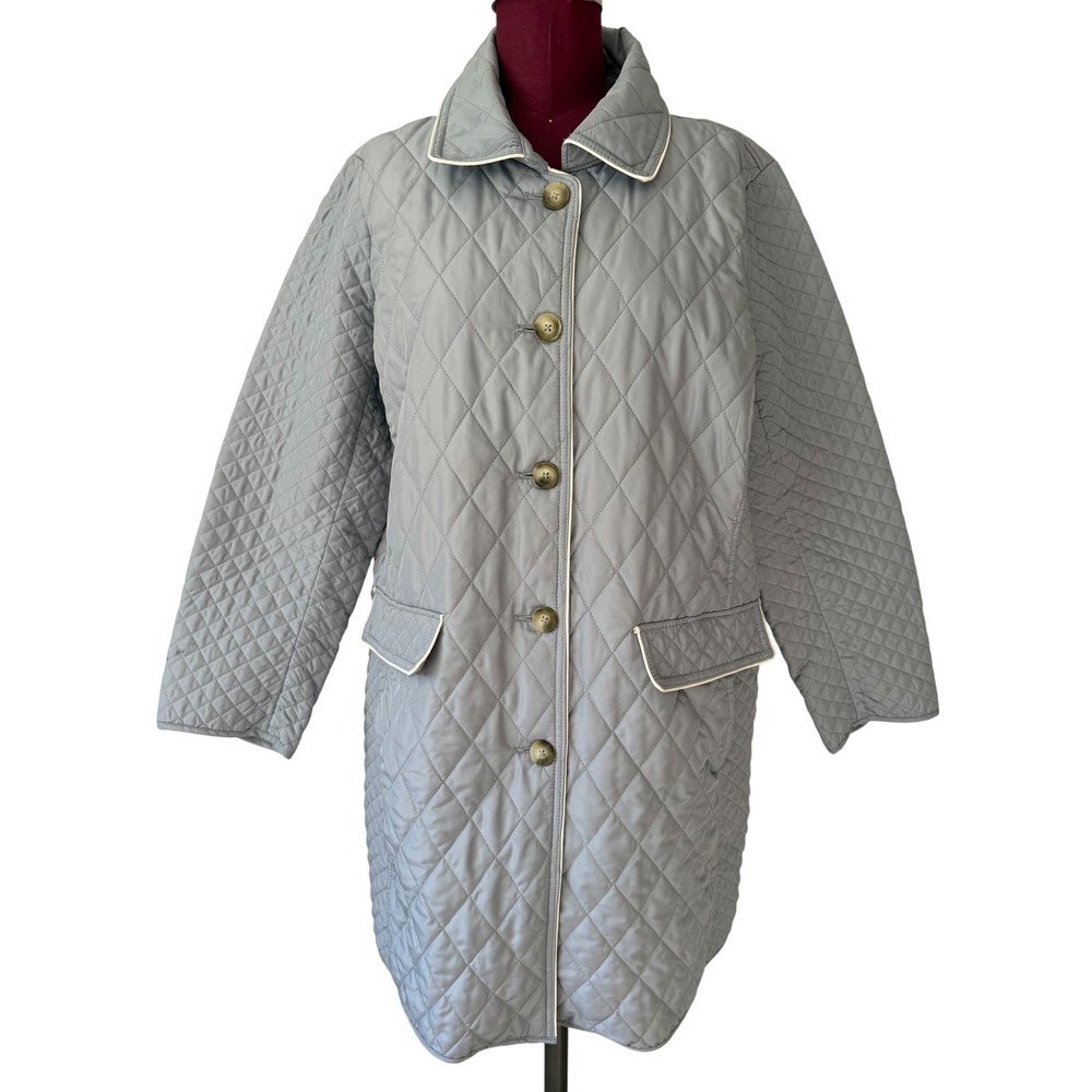 Chico's Long Coat Jacket Quilted Diamond Stitch Button Front Gray XL